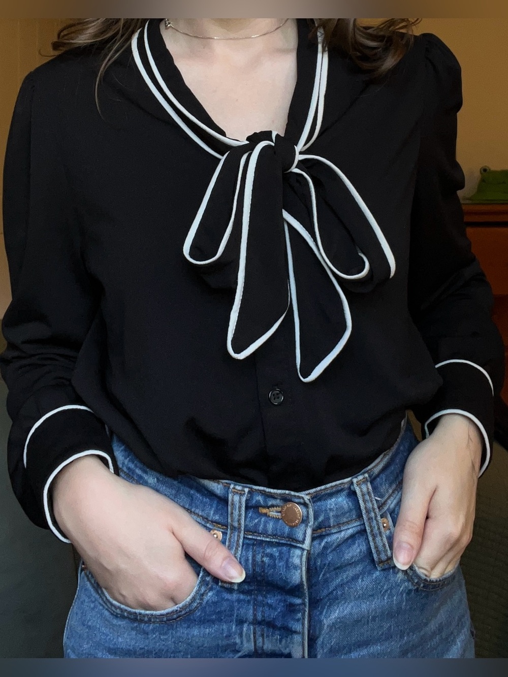 Black Bow-Tie Trim Blouse with White Piping